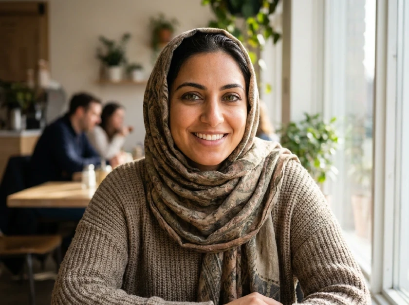 خانمی با پوست گندمی که از لنز سبز زیتونی مناسب پوست خود استفاده کرده است.