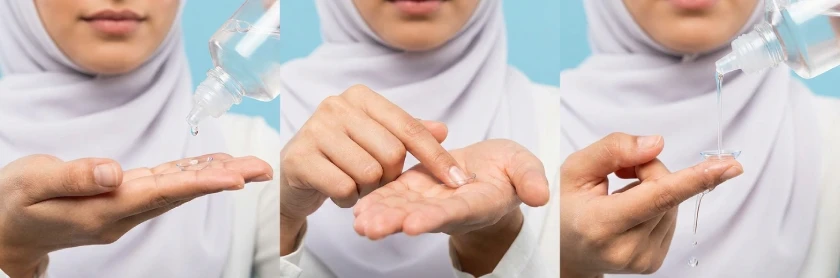 مراحل صحیح شستن لنز تماسی با استفاده از مایع لنز.