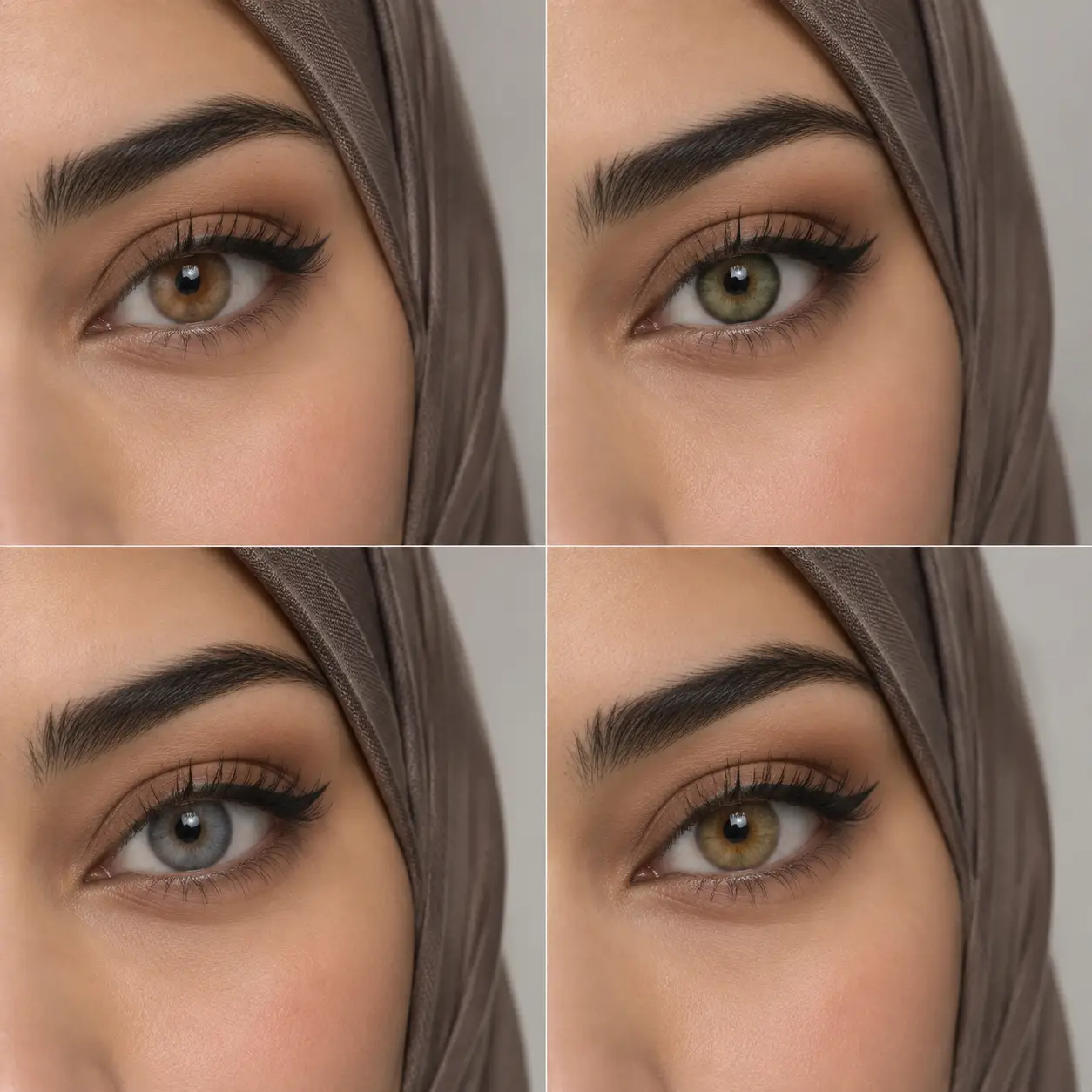 مقایسه رنگ لنز عسلی سبز طوسی و فندقی روی پوست سبزه