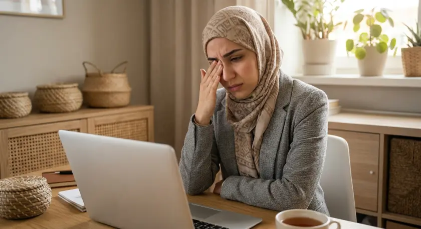 خانمی هنگام کار با لپ تاپ که نشانه ناراحتی چشم و خشکی را تجربه می کند