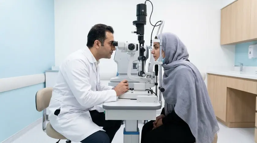 چشم پزشک در حال معاینه چشم بیمار محجبه در کلینیک چشم پزشکی