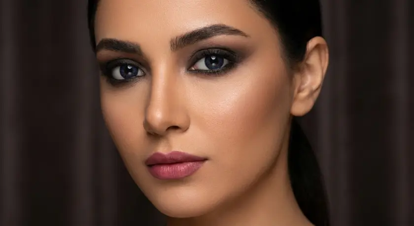 چهره زن با پوست گندمی و لنز آبی تیره مناسب استایل مجلسی