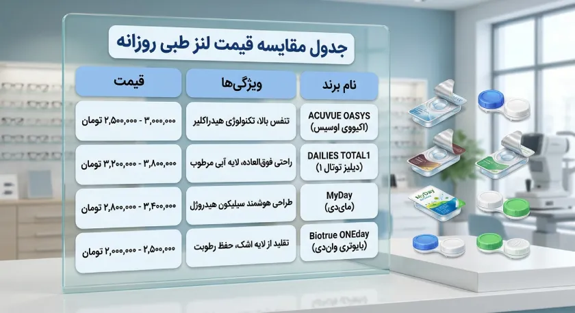 جدول مقایسه قیمت لنز طبی روزانه